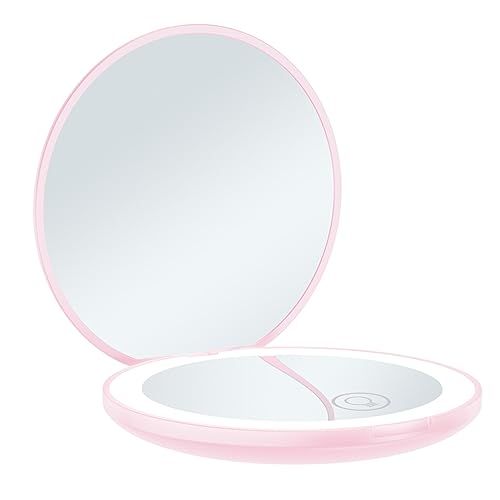 Enndily Small Mirror With Lights Compact Magnifying Pocket Mirror Hand Mirror Camping Mirror 2-sided LED travel Mirror 1x/10x Magnification, Gifts For Girls
