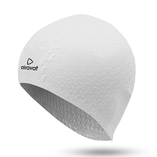 Image of Airavat Swim Bubble Cap, Silicone Swim Cap, Comfortable Bathing Cap Ideal for Curly Short Medium Long Hair, Swimming Cap for Women and Men (White)