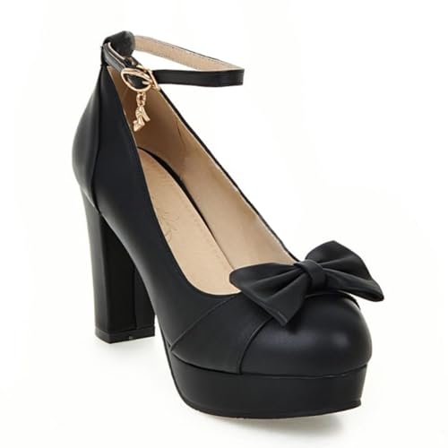 BEAUPAS Women's Buckle Ankle Strap Chunky Heels Platform High Heel Pump Bow Cute Shoes2