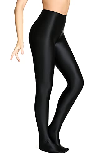 Image of Plus Size Opaque Glossy Pantyhose Wet Look Footed Shiny Tights Pilates Yoga Pants High Waist Leggings