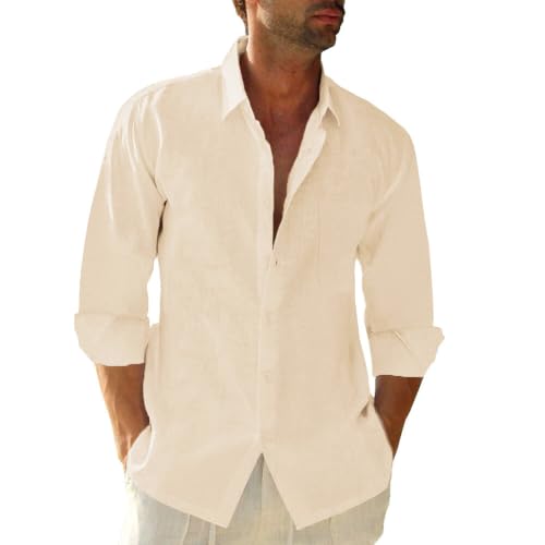 Image of JEKAOYI Mens Button Down Cotton Linen Shirts Casual Long Sleeve Beach Tops