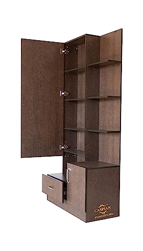 Image of CASPIAN Engineered Wood 1 Door Wardrobe Cum Vanity Dressing Table (Rainforest Brown) | Furniture with Mirror | Makeup & Accessories Storage Organizer with 4 Shelves, 1 Cabinet & 1 Drawer