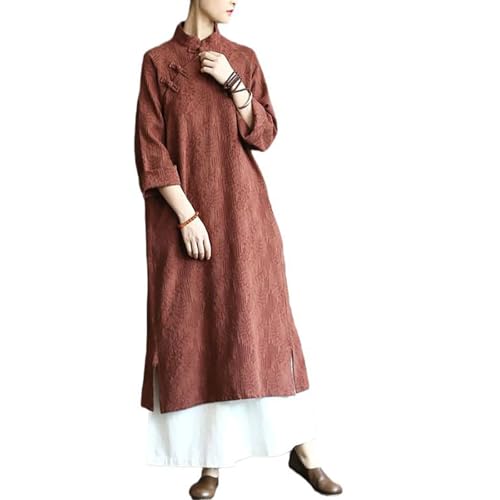 Image of LUZU JUNU Spring Women Dresses Chinese Dress Traditional Collar Vintage Cotton Linen Robe Cheongsam Dresses