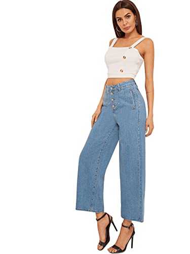 SweatyRocks Women's Casual High Waist Button Fly Jeans Wide Leg Baggy Cropped Denim Pants4