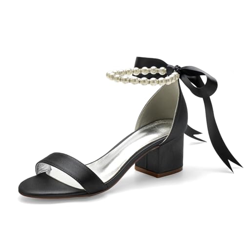 Women's Low Block Heel Sandals Chunky Ankle Strap Pearl Wedding Dress Shoes Low Heel Comfortable Pump Sandals