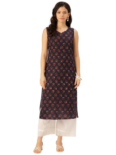 Image of feranoid Women's Pure Cotton Floral Print Straight Kurti | Elegant Curved V-Neck | Sleeveless Calf-Length Ethnic Wear | Comfortable Regular Fit | Sizes XS-XXL