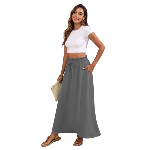 Womens Maxi Skirt Summer Trendy Elastic High Waisted Boho Casual Beach Flowy Swing Long Skirts with Pockets3