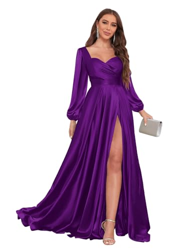 V Neck Satin Bridsmaid Dresses for Wedding Women with Slit Long Sleeves Pleated Prom Dress