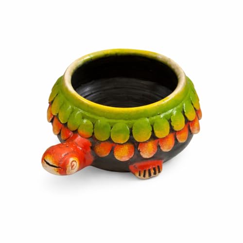 Image of Hand-Painted Terracotta Bowl - 7 inch Decorative Urli Centerpiece with Turtle Design, Perfect for Home & Garden, Ideal for Floating Candles & Flowers