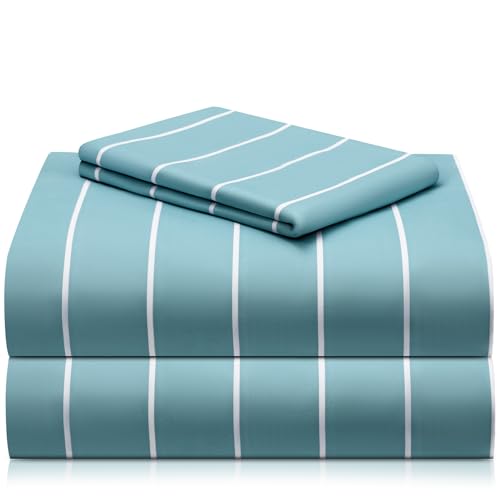 Image of LuxClub Striped Sheets, 3 PC Striped Bed Sheets Twin Size, Deep Pockets 18 inch Eco Friendly Wrinkle Free-Kids-Fitted Sheets Machine Washable Hotel Bedding (Twin, Light Blue)