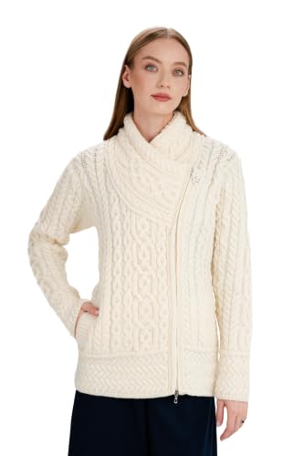 Image of SAOL Irish Cardigan for Women Made of 100% Merino Wool Ireland Sweater Cable Knit Zip Jacket