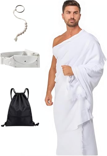 LOUISE 4 pcs set Men Clothing Hajj Umrah Ahram Ehram 100% Super Soft Non Allergic Cotton 45X90 New Dry Fast Microfiber Woven Technology Water Proof ahrams Belt Sweat Proof Shoe Bag Tawaf Beads.