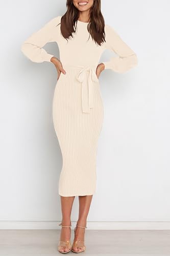 HAEOF Womens 2025 Fall Bodycon Midi Sweater Dress Ribbed Knit Trendy Puff Long Sleeve Winter Business Casual Work Dresses2