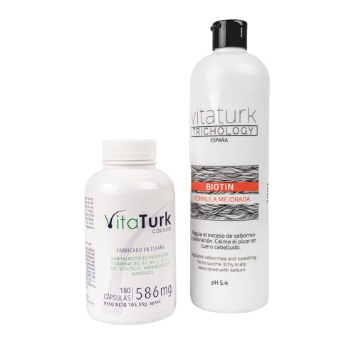 Vitaturk Pack Anticaída | Champú con Biotina 500 ml + Vitaminas 180 cápsulas | Tratamiento Completo Hombre y Mujer | Fortalece, Regenera y Aporta Volumen | Acción contra la DHT | Fabricado en España