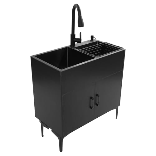Lavello da cucina autoportante, lavello per bucato con armadio in legno, lavello in acciaio inox con doppia vasca, lavello a 2 vasche con rubinetto estraibile, scolapiatti, dispenser di sapone (nero