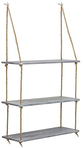 Sorbus Wood Hanging Shelf 3-Tier Rustic Wood Swing Storage Shelves Jute Rope Organizer Rack, Floating Display Shelves (Grey) #TOP7