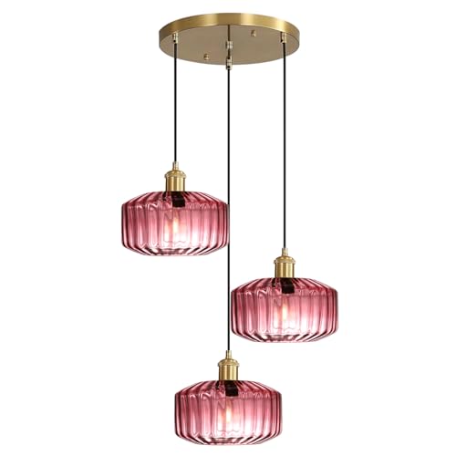 Image of 3-Light Purple Ribbed Glass Cluster Pendant Light, Mid Century Modern Gold Multi-Pendant Ceiling Lamp, Adjustable 59 inch Cord E26 Chandelier for Kitchen Island Dining Room