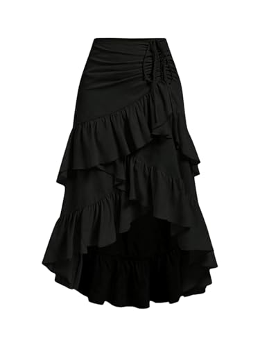 MakeMeChic Women's Western Cowboy Chic Asymmetrical Midi Skirts Boho Flowy Ruffle Tiered High Low Drawstring Skirts