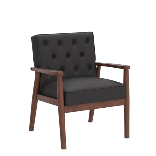 Image of JIASTING Black Accent Chair, Faux Leather Chair with Solid Wood Armrest