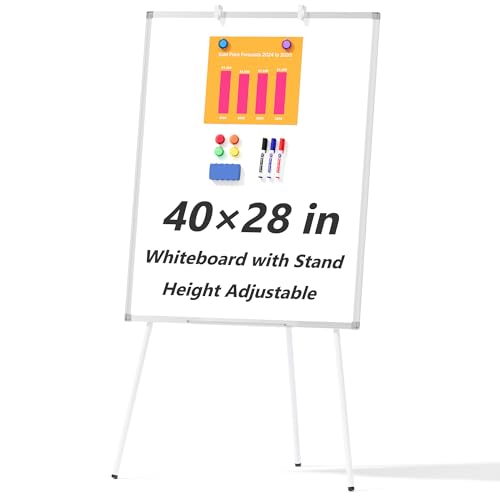 Image of Large Whiteboard Easel with Stand, 40 inch x 28 inch Portable Standing Magnetic Dry Erase White Board, Tripod Height Adjustable Flip Chart Easel for Home Office Classroom School, Silver