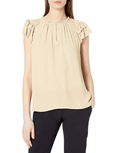 Amazon Brand - Lark & Ro Women's Georgette Lightweight Short Sleeve Split Neck Ruched Flutter Sleeve Blouse, VANILLA ICE, 16