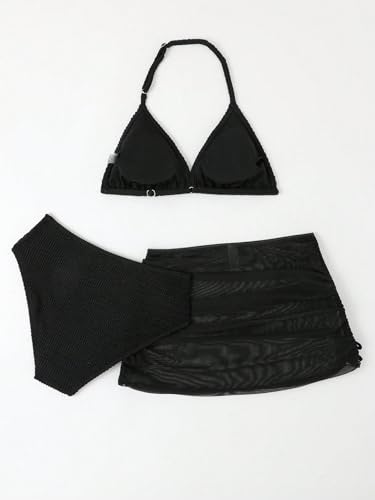 Image of SHENHE Girl's 3 Pieces Bathing Suits Halter Bikini Boho Swimsuits with Cover Up Skirt Black Solid 15Y