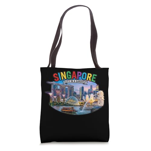 Bolso tote de recuerdo de viaje a Singapur con diseños de lugares emblemáticos de la ciudad miniatura 1