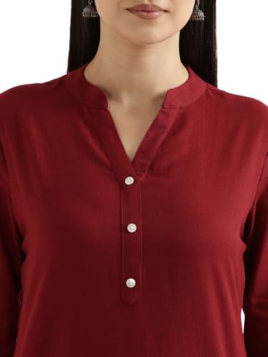 Image of SAADAA Women's Linen Blend Long Kurta with Viscose Palazzo Set | Straight Fit Kurta with Wide Leg Palazzo | Solid Ethnic Co-ord Set for Office & Casual Wear