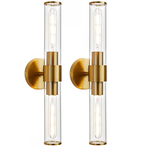 Image of Gold Wall Sconce 2 Pack Hardwired, Bathroom Light Fixtures Clear Glass Featuring Two E26 sockets, Vanity Lights Fixtures for Bathroom, Dimmable - Bulb Not Included, UL Certification