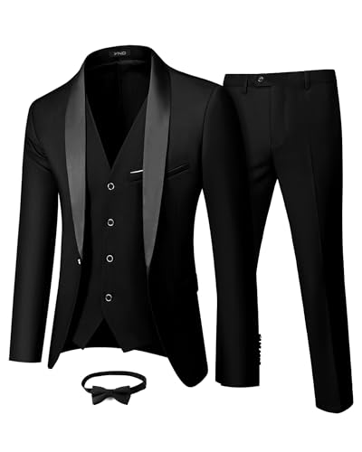 واي ان دي طقم بدلة توكسيدو للرجال من 3 قطع مع ربطة فيونكة، قصة ضيقة بزر واحد وشال وسترة وسروال، لحفلات الزفاف وحفلات التخرج، لون اسود داكن، مقاس M