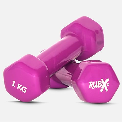 Image of RUBX Premium Unisex (Set for Men & Women) Vinyl Dumbbells Set of 2 |Ideal Home & Gym Workout | Fitness Gym Equipment for Strength Training, Bodybuilding, & Aerobics (1+1=2kg (PURPLE), 1 KGS Each)