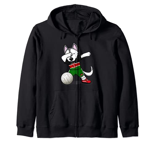 Dabbing Husky Dog Kenya Volleyball Fans Jersey - Kenyan Flag Zip Hoodie, Black