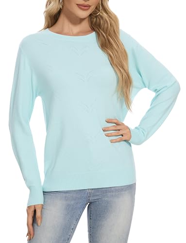 Image of Betu Women's Long Sleeve Ribbed Sweaters Cyan Crewneck Embroidered Slim Fit Knit Pullover Tops, 511 XL