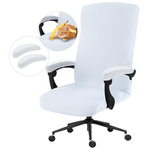 Image of Stretch Computer Office Chair Cover with Armrest Covers Durable Zipper Universal Washable Removable Spandex Rotating Boss Chair Slipcovers Anti-dust Soft Desk Chair Seat Protector, White