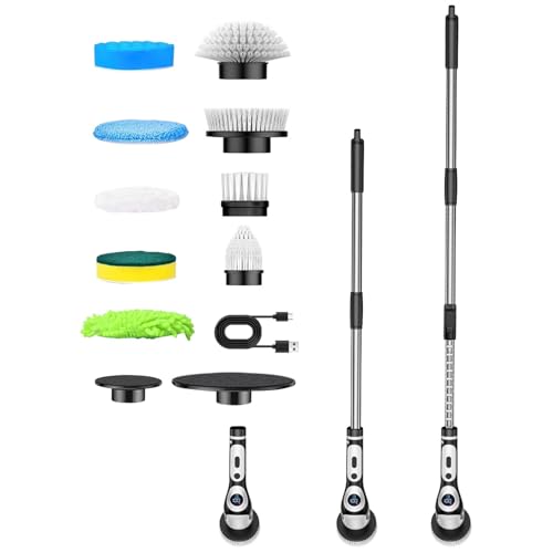 VIFERR Cepillo de Limpieza Electrico, Cepillo Eléctrico de Limpieza Inalámbrico Controlado por Voz con Barra Telescópica Giratoria Automática y 9 Cabezales