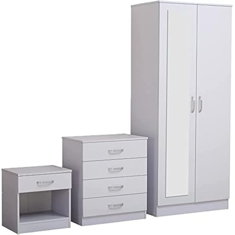 PALAKLOT High Gloss Bedroom Furniture Set for Bedroom | 2 Door Wardrobe with Mirror 4 Drawer Chest and Bedside Cabinet (Wardrobe+Chest+Bedside) (White) Cover