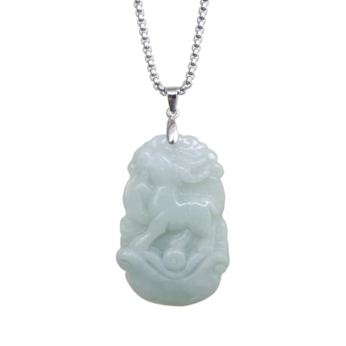 Natural Jade Zodiac Pendant Necklace Handmade Jadeite Chinese Zodiac Amulet Birthday Gift (Goat-Silver Chain)