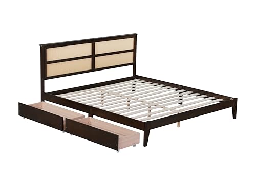 PVWIIK King Size Rattan Bed Frame with Rattan Headboard & Storage Drawers,Solid Wood Foundation,Noise-Free, Easy Assemble,No Box Spring Needed,Espresso by PVWIIK - Used condition - Image 4