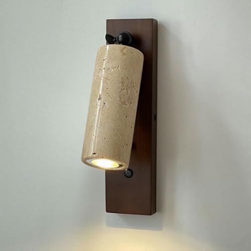 Apliques de Pared para Dormitorio, Aplique de Pared LED de travertino, Base de Madera Maciza, Foco Ajustable con Interruptor de botón, luz de Lectura Interior Cableada para dormit