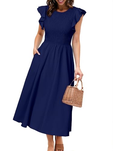 Image of Simplee Womens Striped Midi Summer Dress Linen Smocked Flutter Short Sleeve Dress Flowy Casual Dress with Pockets