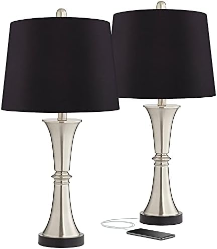 360 Lighting Seymore Modern Table Lamps 26" Tall Set of 2 with USB Charging Port Silver LED Touch On Off Black Faux Silk Drum Shade for Bedroom Living Room House Home Desk Bedside Nightstand