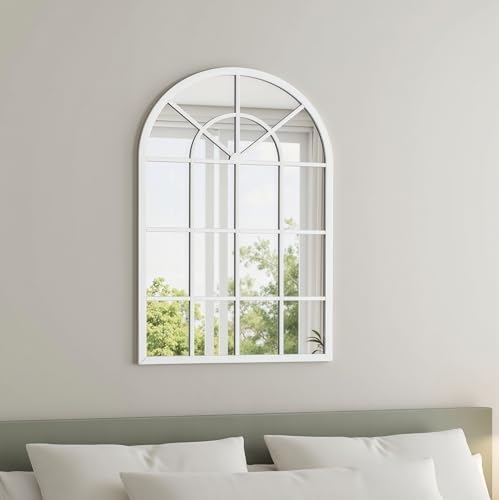 Image of Dewfig Arched Wall Mirror, 42 inchx30 inch Metal Frame Windowpane Mirror, White