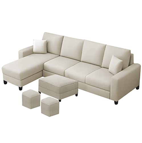 Image of Orland 8 Seater LHS L Shape Sofa with Center Table & 2 Puffy | Color - (Cream Fabric)