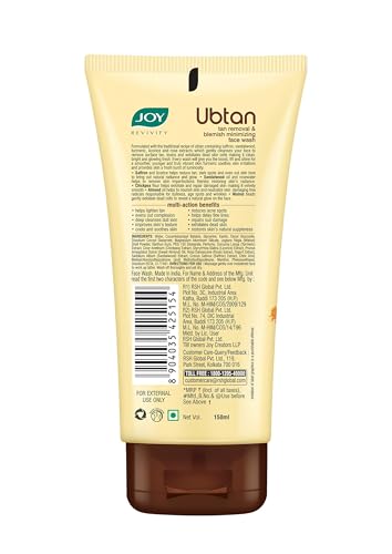 Joy Ubtan Tan Removal Face Wash 150ml | Detans & Brightens, Removes Dirt & Blemishes for a Natural Glowing Skin | Enriched With Turmeric, Saffron & Sandalwood | Suitable for All Skin Types