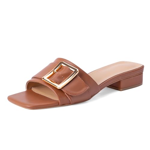 Image of Women's Slide Heeled Sandals Opened Square Toe Chunky Block Heel Slippers with Buckle Slip on Casual Comfortable Pumps