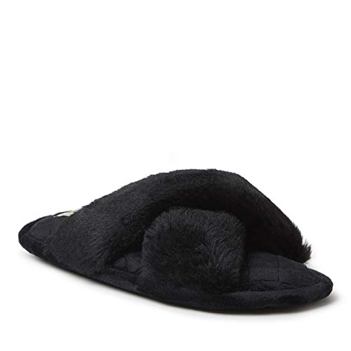 Dearfoams Women s Jessica faux faux fur Cross Band Slide Slipper, Black, Large
