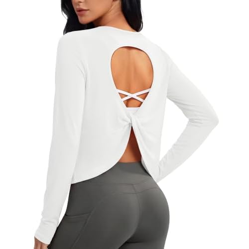 MAGCOMSEN Womens Open Back Tops Long Sleeve Yoga Shirts with Thumb Holes | Boat Neck, Breathable, Lightweight, Workout, Pilates, 4-way Stretch, Running, Cropped, Casual, Athletic, Gym, Sprin