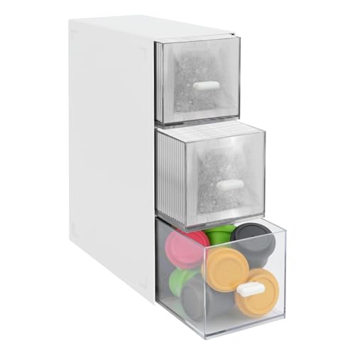 LZLINGMEI 3 Tier Plastic Tea Box, Easy Access Tea Box Organiser, 3 Drawers Tea Bag Holder Organizer for Cosmetic Sugar Coffee Sachets Pantry Caddy (White)