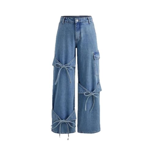 LAFOURAM Bow Jeans for Women High Waisted Straight Leg Baggy Y2K Cute Bow Tie Cargo Deim Pants2