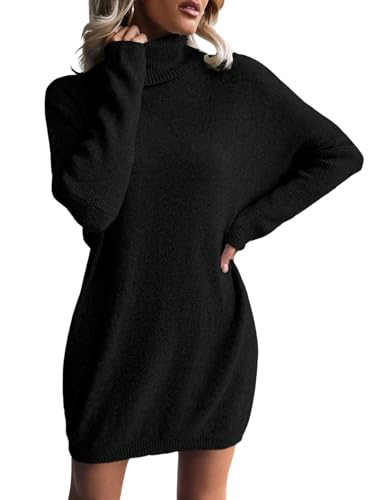 SweatyRocks Damen Strickkleid mit Rollkragen Langarm Pulloverkleid Fledermausärmel Kleid Herbstkleid Locker Minikleid Winterkleid Schwarz M